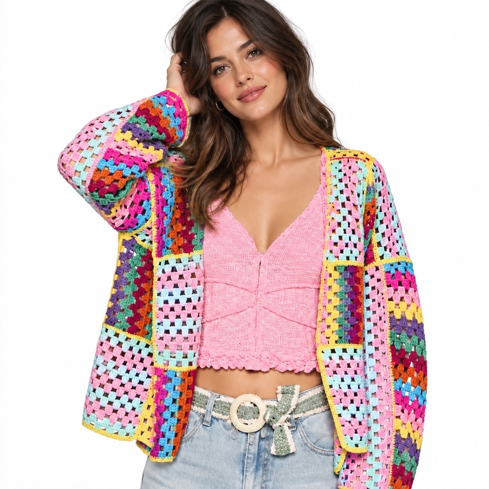 POL Julia Granny Square Crochet Cardigan One Size Rainbow Patchwork Boho SMC96